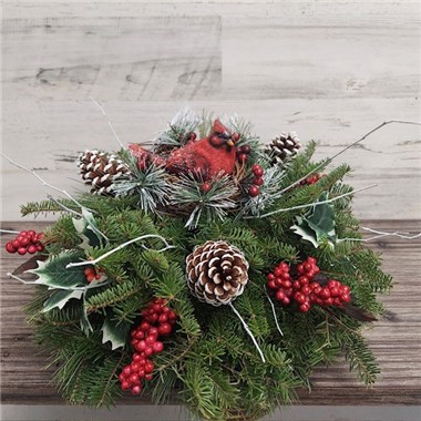 Cardinal Evergreen Centerpiece